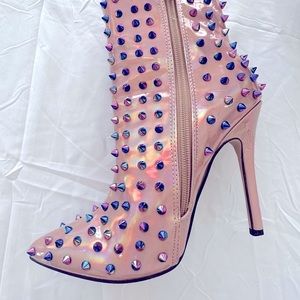 Fun booties, in a holographic rose gold, and rainbow iridescent studs,